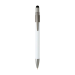 Ballpoint pen with stylus tip and rotating spinner, blue ink white colour second front view