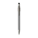 Ballpoint pen with stylus tip and rotating spinner, blue ink grey colour second front view
