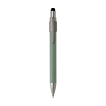 Ballpoint pen with stylus tip and rotating spinner, blue ink marbled green colour second front view
