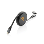 Retractable recycled aluminium 2-in-1 240W charging and data cable black colour view with logo