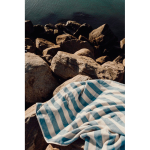 Recycled cotton beach towel, two-tone striped 450 g/m² 80 x160 cm light blue colour ambient view 2