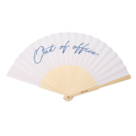 Portable bamboo fan with ‘Out of the office’ message white colour view with logo