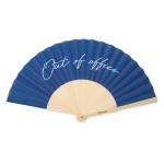 Portable bamboo fan with ‘Out of the office’ message navy-blue colour view with logo