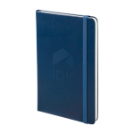 Moleskine large-format notebook with elastic closure, ruled pages blue colour close-up view with logo