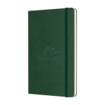 Moleskine large-format notebook with elastic closure, ruled pages green colour close-up view with logo