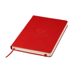 Moleskine large-format notebook with elastic closure, ruled pages dark red colour close-up view with logo