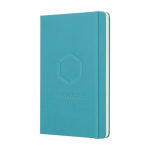 Moleskine large-format notebook with elastic closure, ruled pages pastel blue colour close-up view with logo