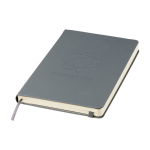Moleskine large-format notebook with elastic closure, ruled pages blue gray colour close-up view with logo