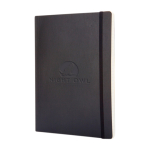 Moleskine Classic soft cover notebook with elastic closure, ruled pages black colour close-up view with logo