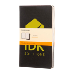 Moleskine Cahier notebook with cardboard cover and inner pocket, lined pages black colour screen printing view