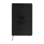 Moleskine Classic notebook with “in case of loss” notice, plain pages black colour close-up view with logo