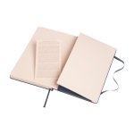 Moleskine Classic notebook with “in case of loss” notice, plain pages blue colour third rear view