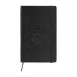 Large Moleskine Classic hard cover notebook, dotted pages black colour close-up view with logo