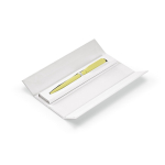 Twist recycled aluminium pen with black ink yellow colour view in box