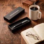 Chrome-plated stainless steel pen, glossy finish, black ink still life view