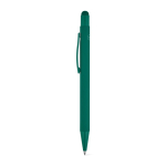 Recycled aluminium pen with stylus tip and rubber finish, blue ink dark green colour second view