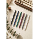 Recycled aluminium pen with stylus tip and rubber finish, blue ink still life view