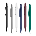 Recycled aluminium pen with stylus tip and rubber finish, blue ink various colours