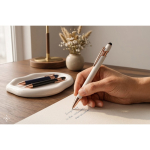 Matte recycled aluminium pen with stylus tip and blue ink still life view