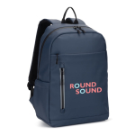 Faux leather backpack with waterproof zips for 16” PC blue colour image with logo