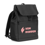 Faux leather flap backpack ideal for 16” laptops black colour image with logo