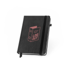 A5 lined notebook with monthly planner and elastic band black colour image with logo