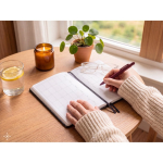 A5 lined notebook with monthly planner and elastic band still life view