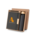 Office set with 520ml glass bottle, A5 notebook and blue-ink pen black colour image with logo