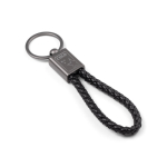 Rectangular keyring with braided polyester cord and metal finish black colour image with logo