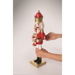 Decorative wooden nutcracker character with stable base red colour third photographic view