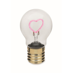 Decorative LED light bulb with heart-shaped filament and batteries neon fuchsia colour second view