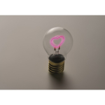 Decorative LED light bulb with heart-shaped filament and batteries neon fuchsia colour third photographic view