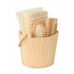 Bath set in a wooden bucket with body care accessories wood colour second view