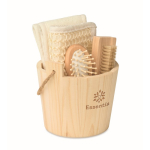 Bath set in a wooden bucket with body care accessories wood colour second main view