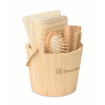 Bath set in a wooden bucket with body care accessories wood colour second main view