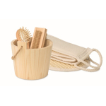 Bath set in a wooden bucket with body care accessories wood colour third view