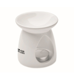 Ceramic aroma burner set with tealight candle and vanilla oil white colour view with print area