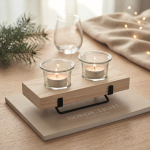 Decorative candle holder with wooden and iron stand for 2 candles wood colour ambient view