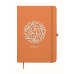 A5 recycled faux leather hard cover notebook, lined pages orange colour second main view