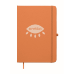 A5 recycled faux leather hard cover notebook, lined pages orange colour second main view