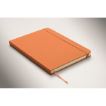 A5 recycled faux leather hard cover notebook, lined pages orange colour third photographic view