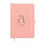 A5 recycled faux leather hard cover notebook, lined pages pink colour second main view