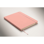 A5 recycled faux leather hard cover notebook, lined pages pink colour third photographic view