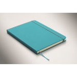 A5 recycled faux leather hard cover notebook, lined pages turquoise colour third photographic view