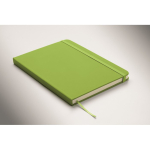 A5 recycled faux leather hard cover notebook, lined pages lime colour third photographic view