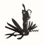 Aluminium and stainless steel multitool knife. 13-in-1 with pouch black colour