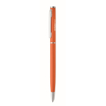 Recycled aluminium pen with chrome clip and blue ink orange colour main view