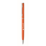 Recycled aluminium pen with chrome clip and blue ink orange colour second main view