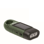 Rigid plastic 3 LED torch with solar panel and hand dynamo dark green colour view with print area