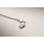 Aluminium keyring with 5-in-1 cable and different charging inputs silver colour